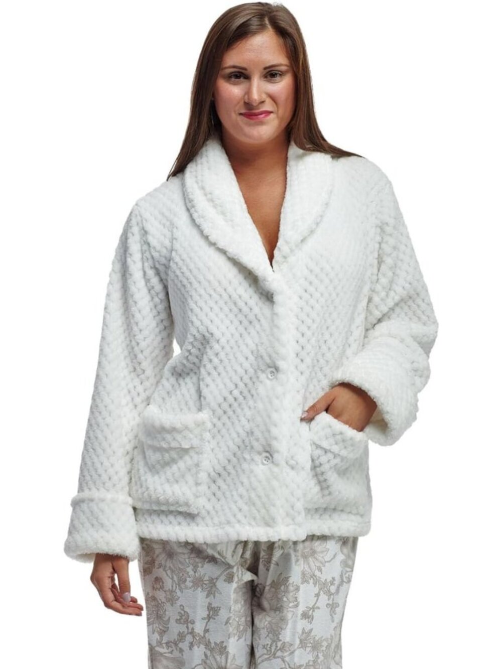 Cozy Women's Fleece Bed Jacket - Notched Collar, Long Sleeves, Front Pockets